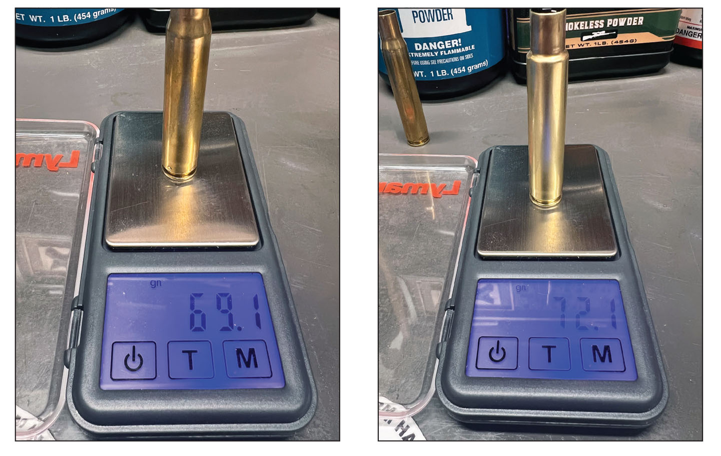 The .338-06 A-Square brass (left) had a water capacity of 69.1 grains while the .338-06 AI (right) had a water capacity of 72.1 grains. Both cases were made by Remington.